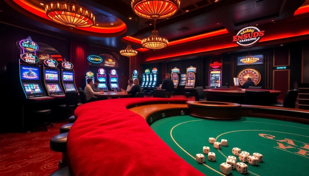 KJC casino scene with players enjoying poker and slot machines in a luxurious setting.