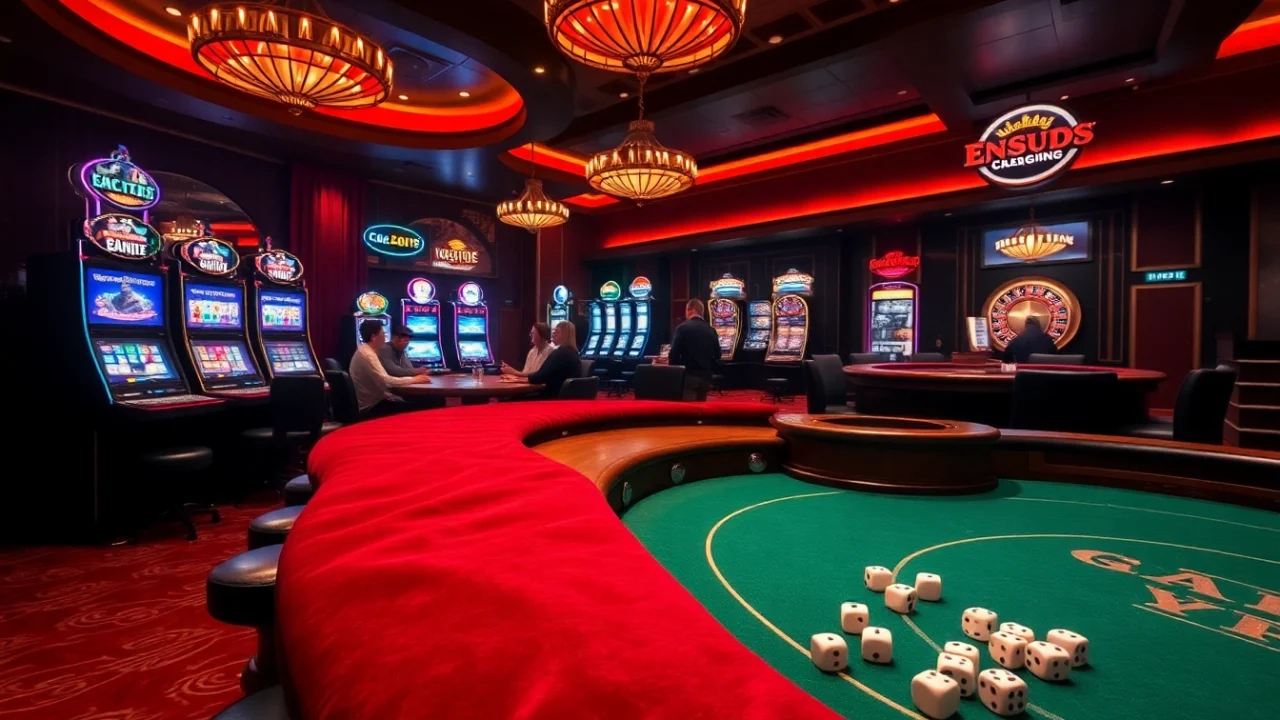 KJC casino scene with players enjoying poker and slot machines in a luxurious setting.