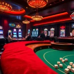 KJC casino scene with players enjoying poker and slot machines in a luxurious setting.