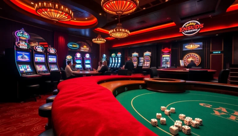 KJC casino scene with players enjoying poker and slot machines in a luxurious setting.