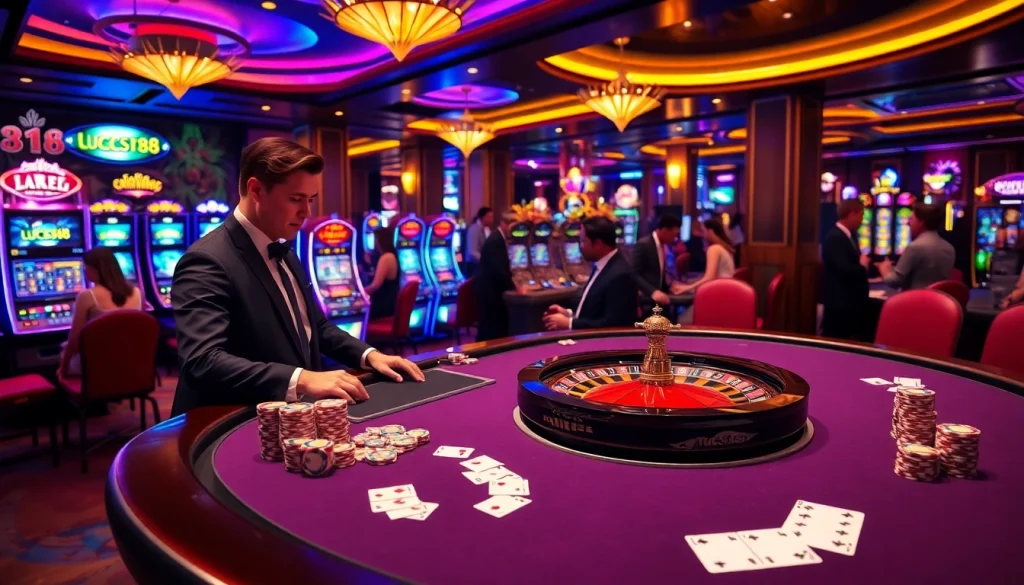 Players celebrating their wins at a luxurious luck88 casino table, surrounded by vibrant slot machines.
