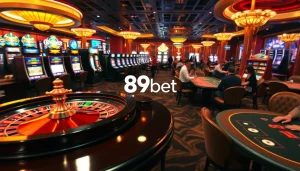 Experience thrilling gameplay with 89bet at a luxurious casino featuring roulette and slot machines.