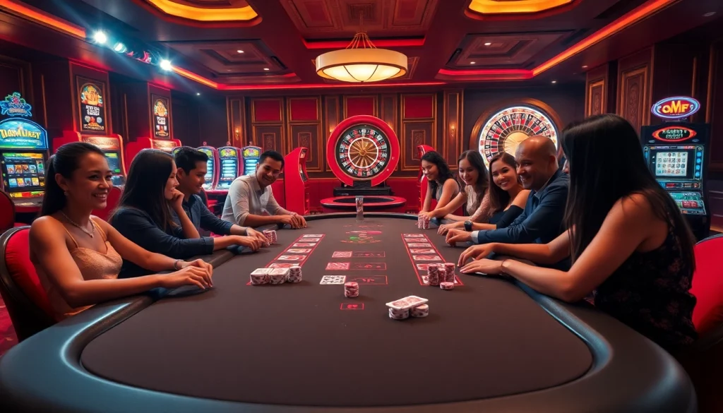 MM99 players enjoying an exhilarating poker game at a luxurious casino table.