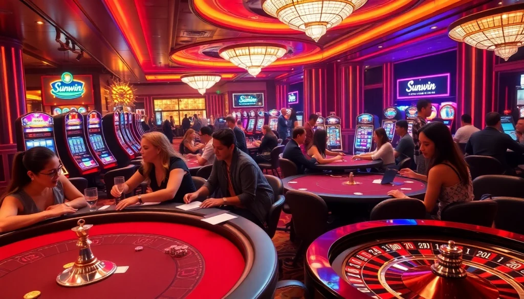 Exciting Sunwin casino gaming scene with players at poker tables and vibrant slot machines.