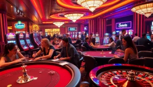 Exciting Sunwin casino gaming scene with players at poker tables and vibrant slot machines.