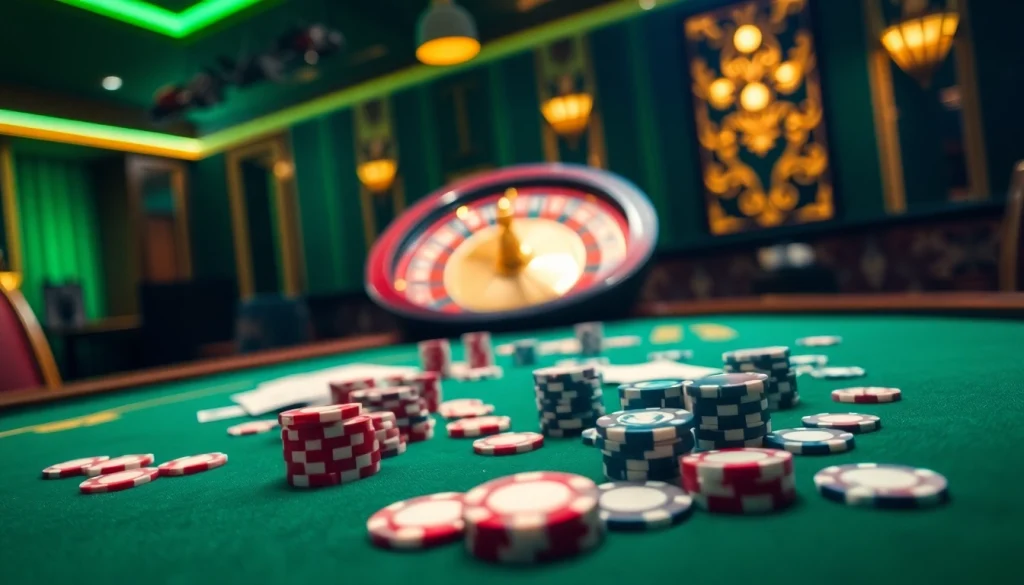 Experience the thrill of rikvip casino with a vibrant gaming table and roulette.