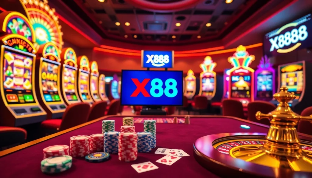 X88 casino table with vibrant poker chips and roulette wheels in a luxurious setting.