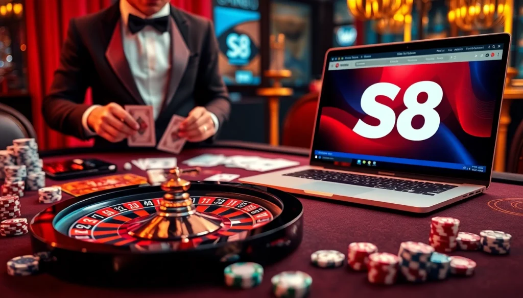 Exciting gaming scene featuring a dealer and roulette wheel at Nhà cái S8, highlighting luxury online gambling.