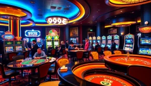 Exciting gambling action at 999E casino with players enjoying poker and roulette.