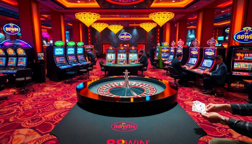 Players enjoying a thrilling game at the 68WIN casino, captured in a vibrant atmosphere with roulette and poker.