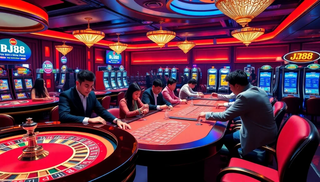 Gamblers enjoying various games at BJ88's luxurious casino, showcasing excitement and vibrant atmosphere.