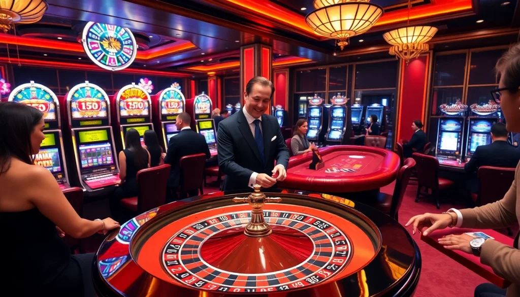 Luckywin players enjoying a luxurious high-stakes gaming experience with roulette and slot machines